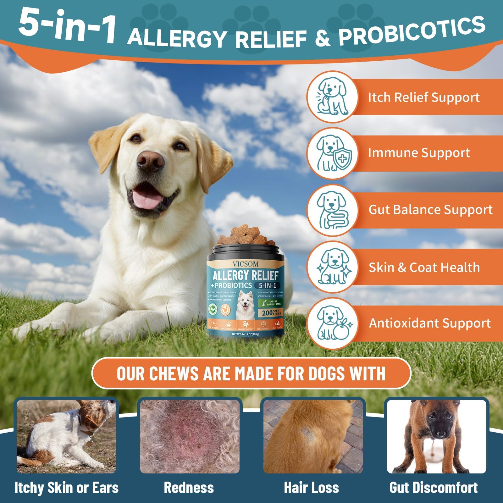 VICSOM-chien-probiotiques-digestion soutiennent l'équilibre intestinal naturel.