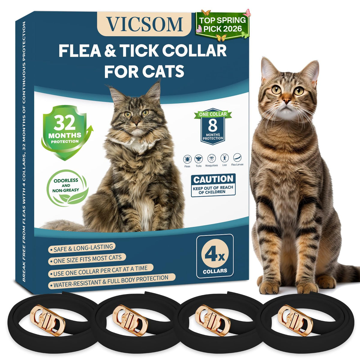 Collier VICSOM pour chat anti-puces et tiques, imperméable et prêt pour l'extérieur.