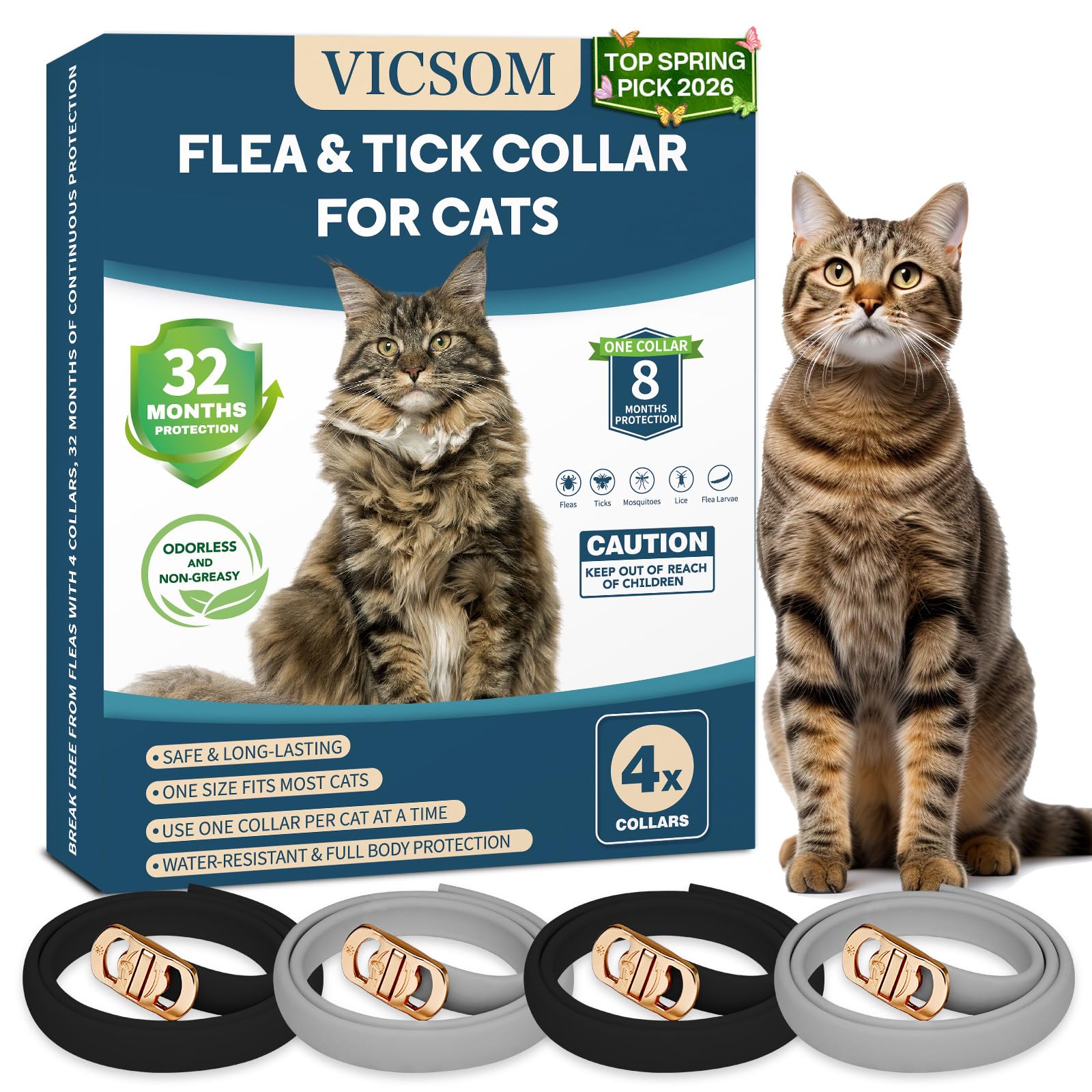Collier VICSOM anti-puces et tiques pour chat, emballage 4-pack, protection durable.