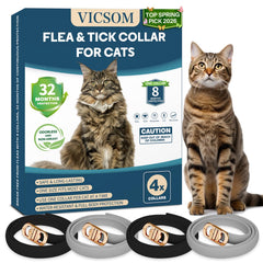 Collier VICSOM anti-puces et tiques pour chat, emballage 4-pack, protection durable.