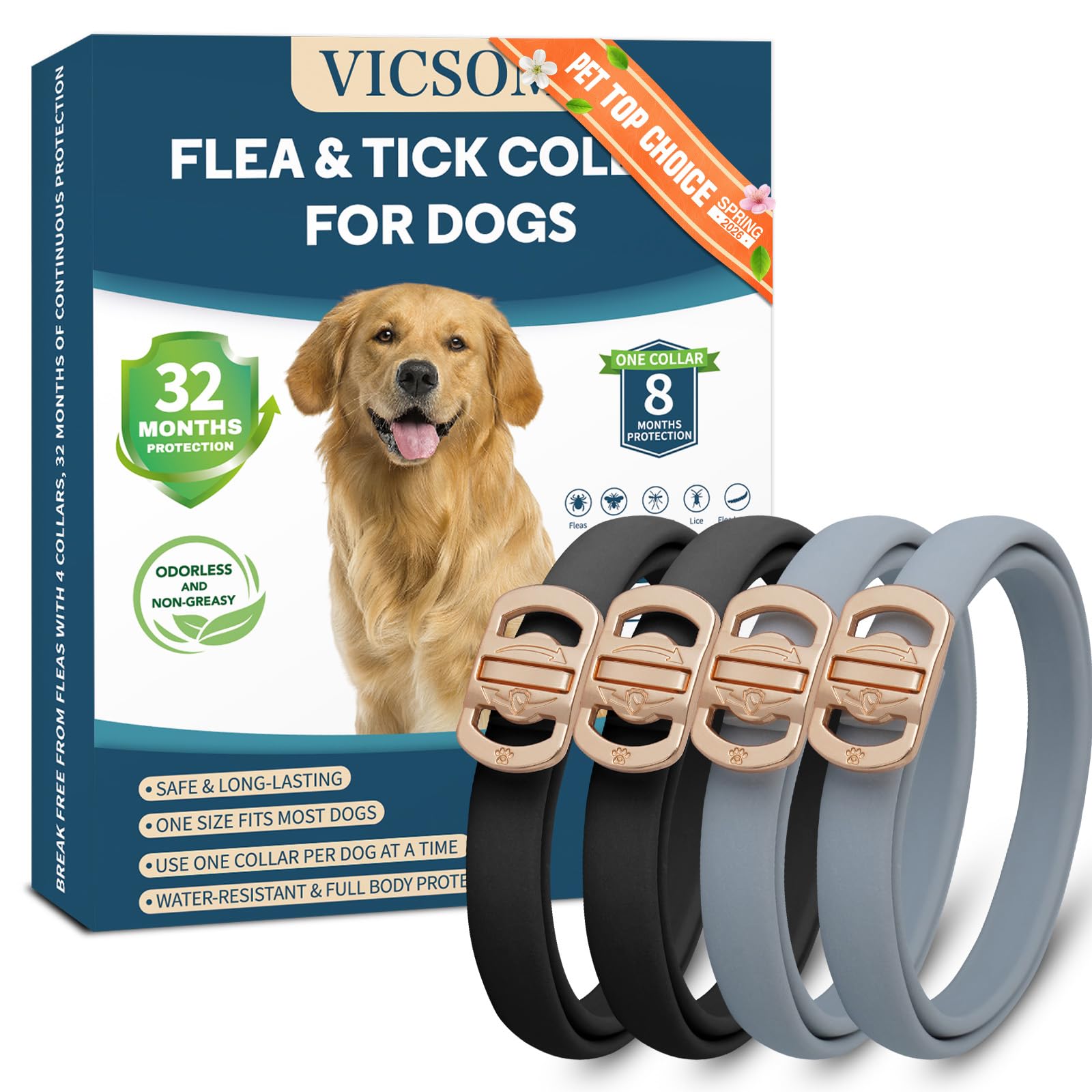 Collier VICSOM pour chien, pack 4, protection continue contre puces et tiques