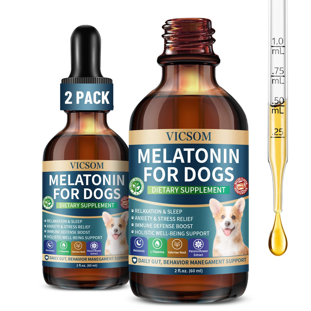 Gouttes Mélatonine VICSOM sur la bouteille, soutien sommeil et calme pour chien.