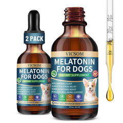 Gouttes Mélatonine VICSOM sur la bouteille, soutien sommeil et calme pour chien.