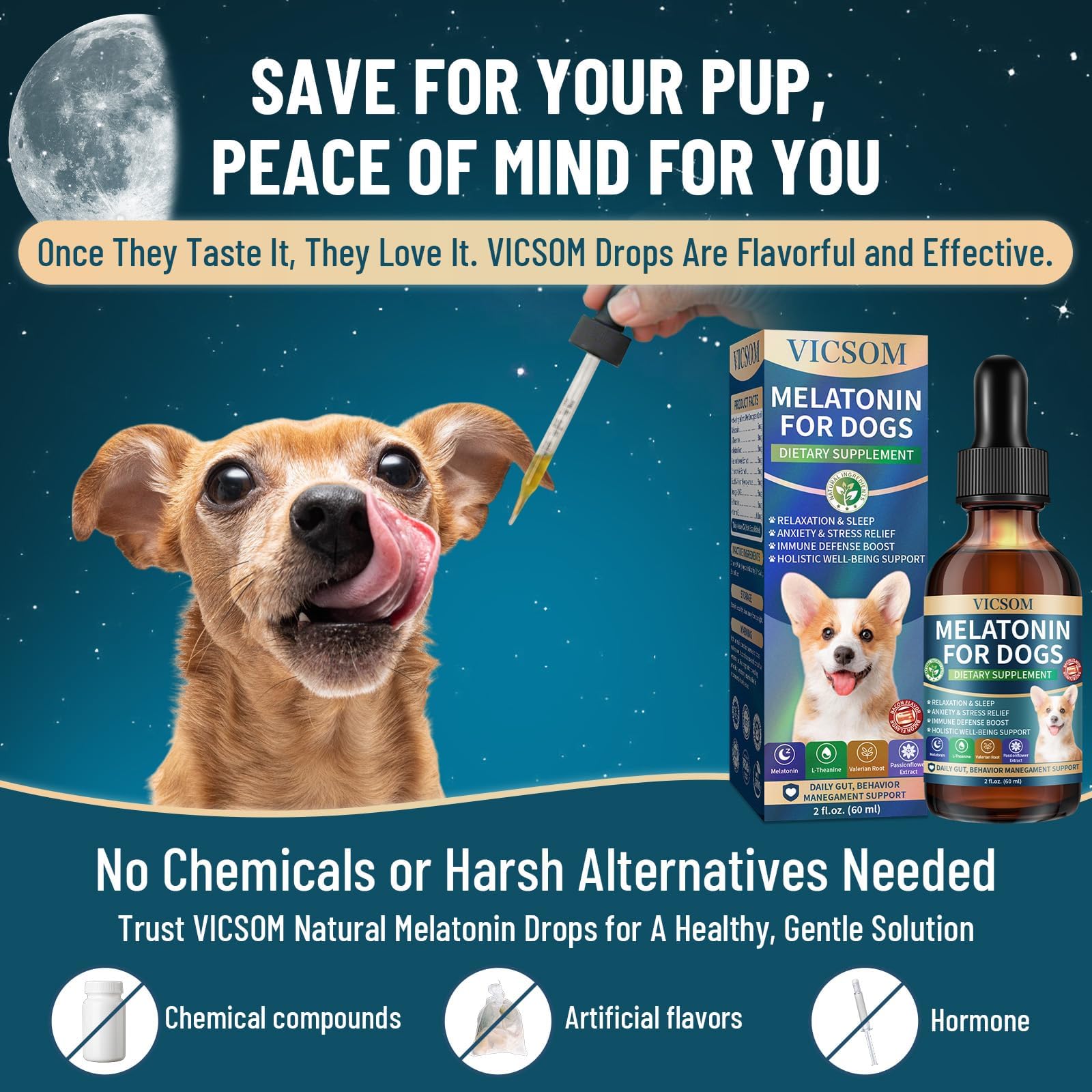 Formule naturelle VICSOM Mélatonine chien, adaptée au rituel nocturne.
