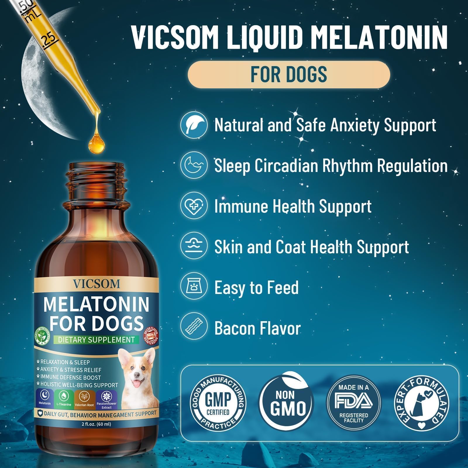 VICSOM gouttes-melatonine-chien-etiquette, emballage clair et pratique.