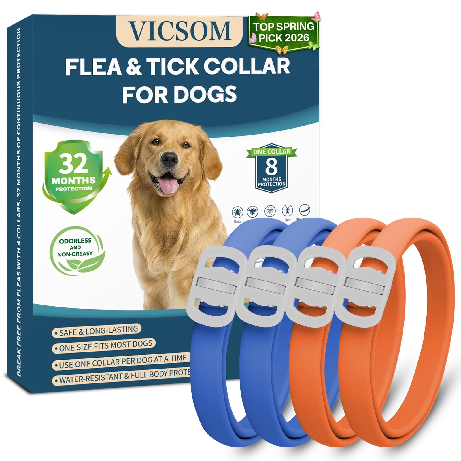 Pack de quatre colliers VICSOM bleu et orange pour chiens, prêt à l'emploi.