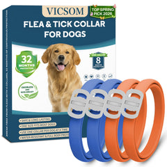 Pack de quatre colliers VICSOM bleu et orange pour chiens, prêt à l'emploi.