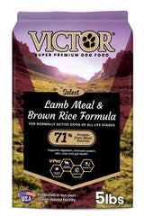 Croquettes Victor agneau farine riz brun, protéines élevées pour chiens actifs.