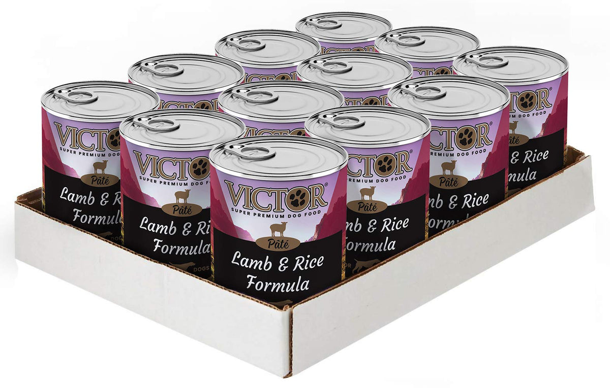 VICTOR pâté agneau et riz en boîte ouverte, texture riche pour chiens actifs.