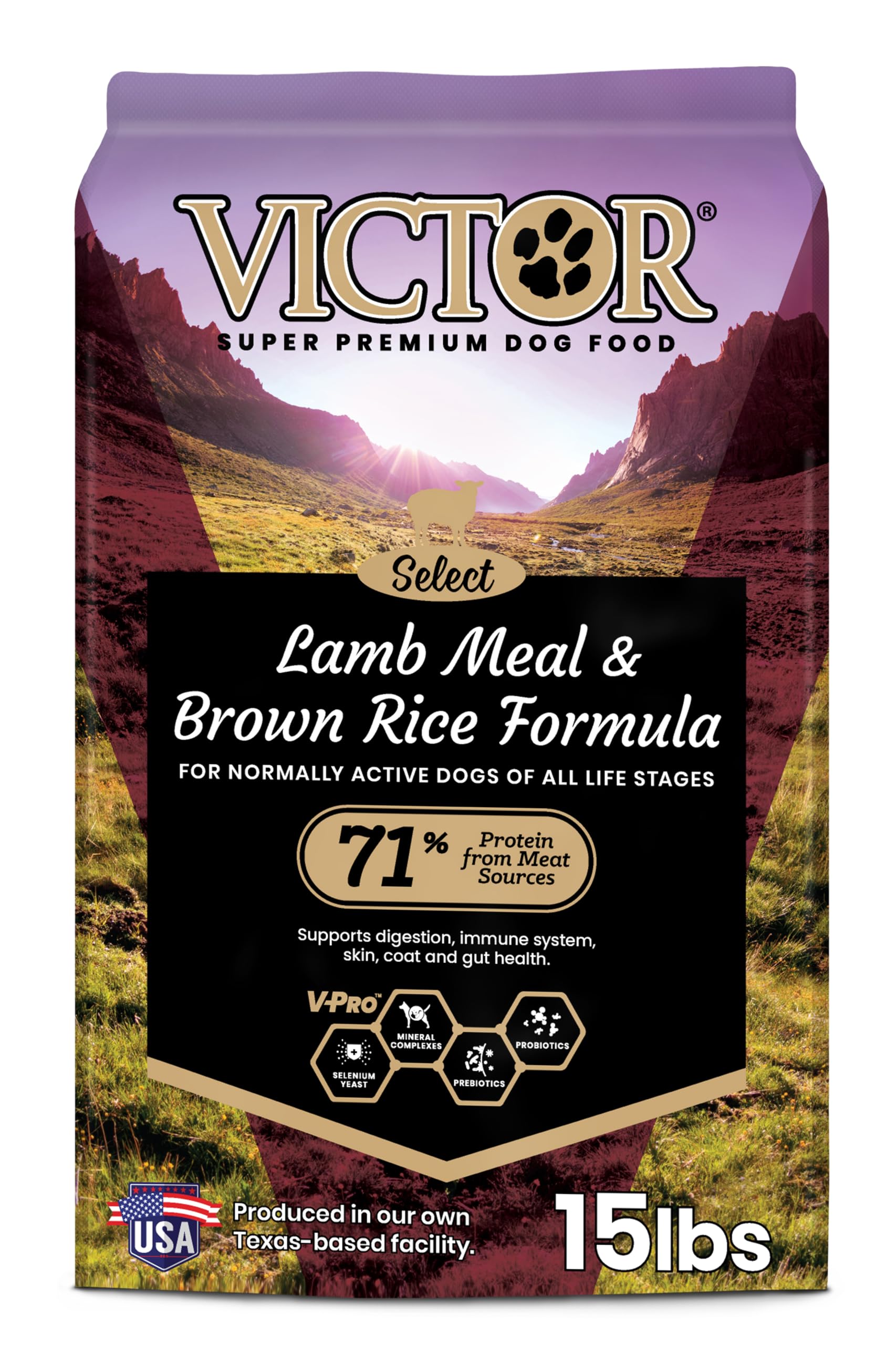 VICTOR croquettes chien agneau riz brun – emballage clair, énergie durable.