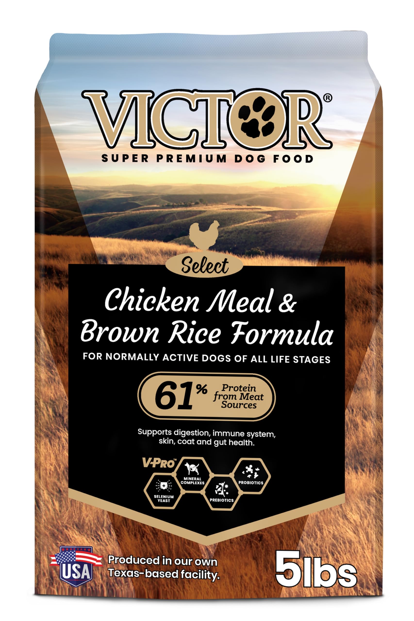 Victor croquettes poulet et riz brun, alimentation équilibrée pour chiens actifs.