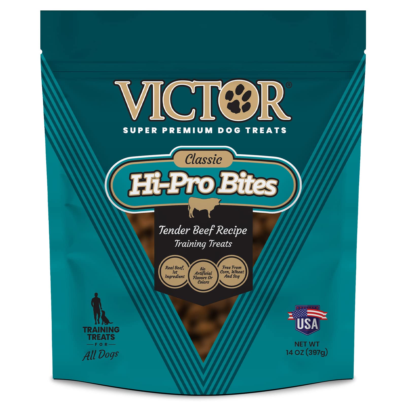 VICTOR Hi-Pro Bites au bœuf réel, premier ingrédient, snack protéiné pour chiens actifs.
