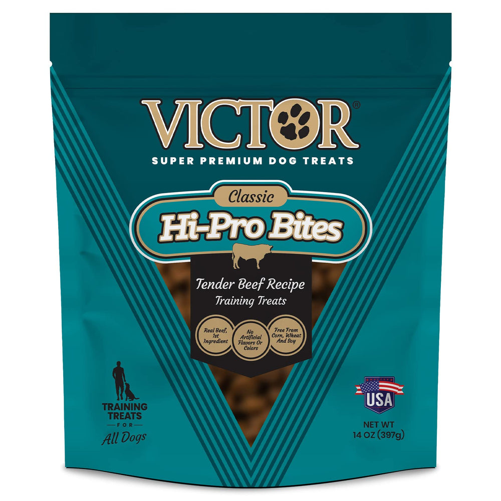 VICTOR Hi-Pro Bites au bœuf réel, premier ingrédient, snack protéiné pour chiens actifs.