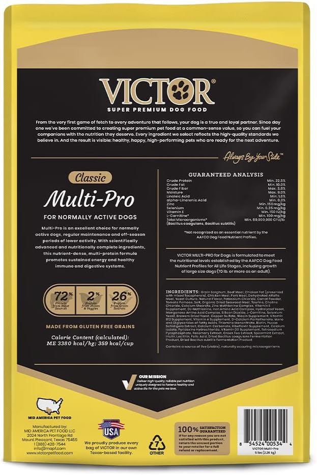 VICTOR Multi-Pro Sec: ingrédients vedette boeuf, poulet et porc pour nutrition équilibrée.