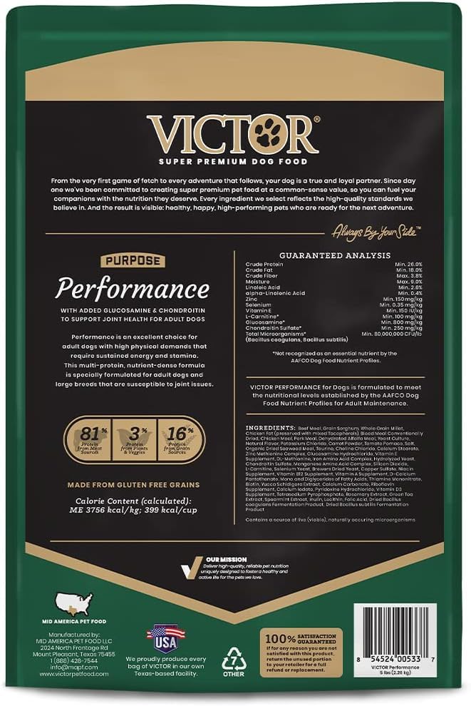 VICTOR Performance 26 % protéines pour chien, soutien musculaire potentiel.