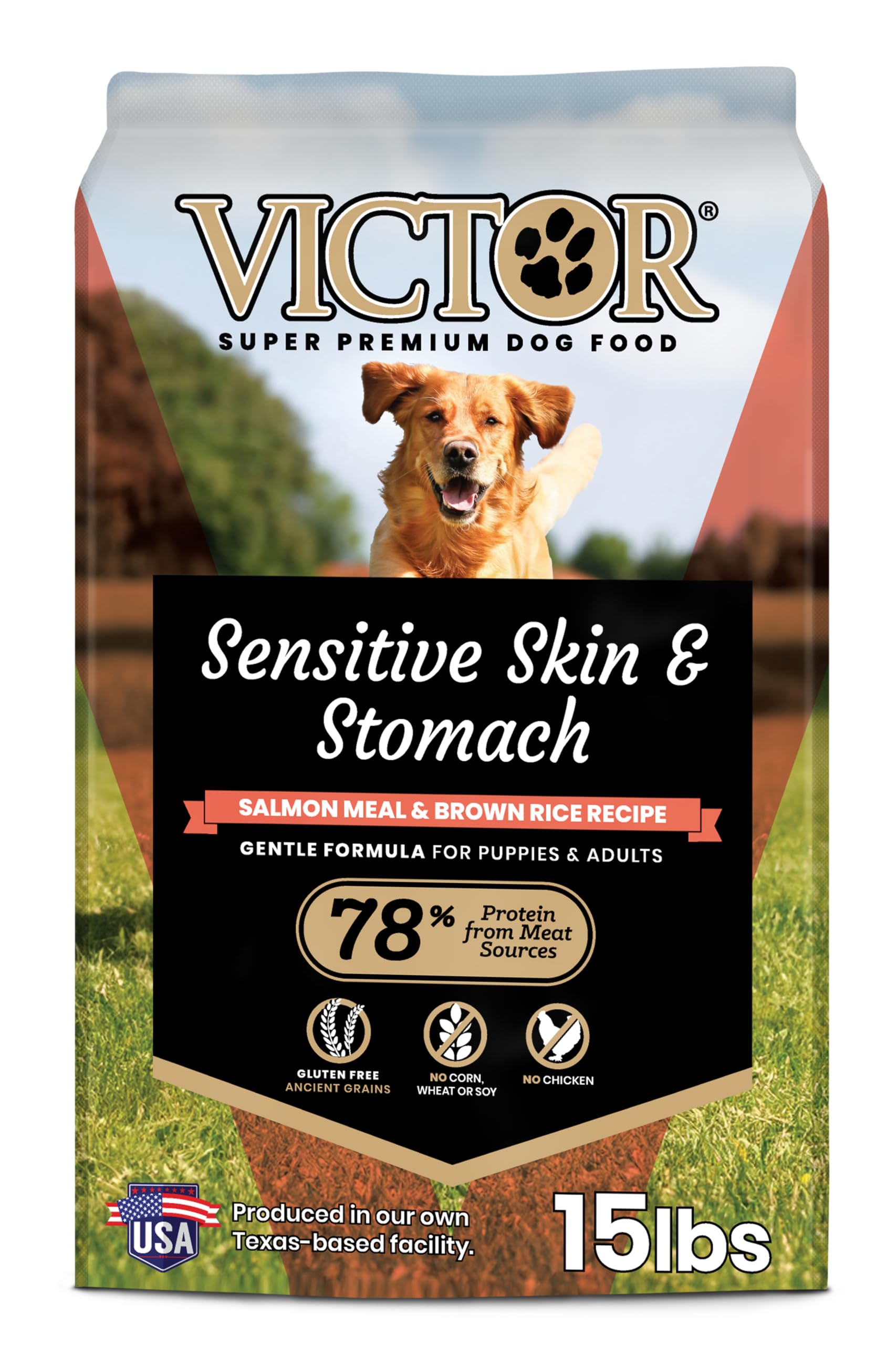 VICTOR sensible peau et estomac : croquettes saumon et riz brun pour chiens sensibles.