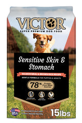 VICTOR sensible peau et estomac : croquettes saumon et riz brun pour chiens sensibles.
