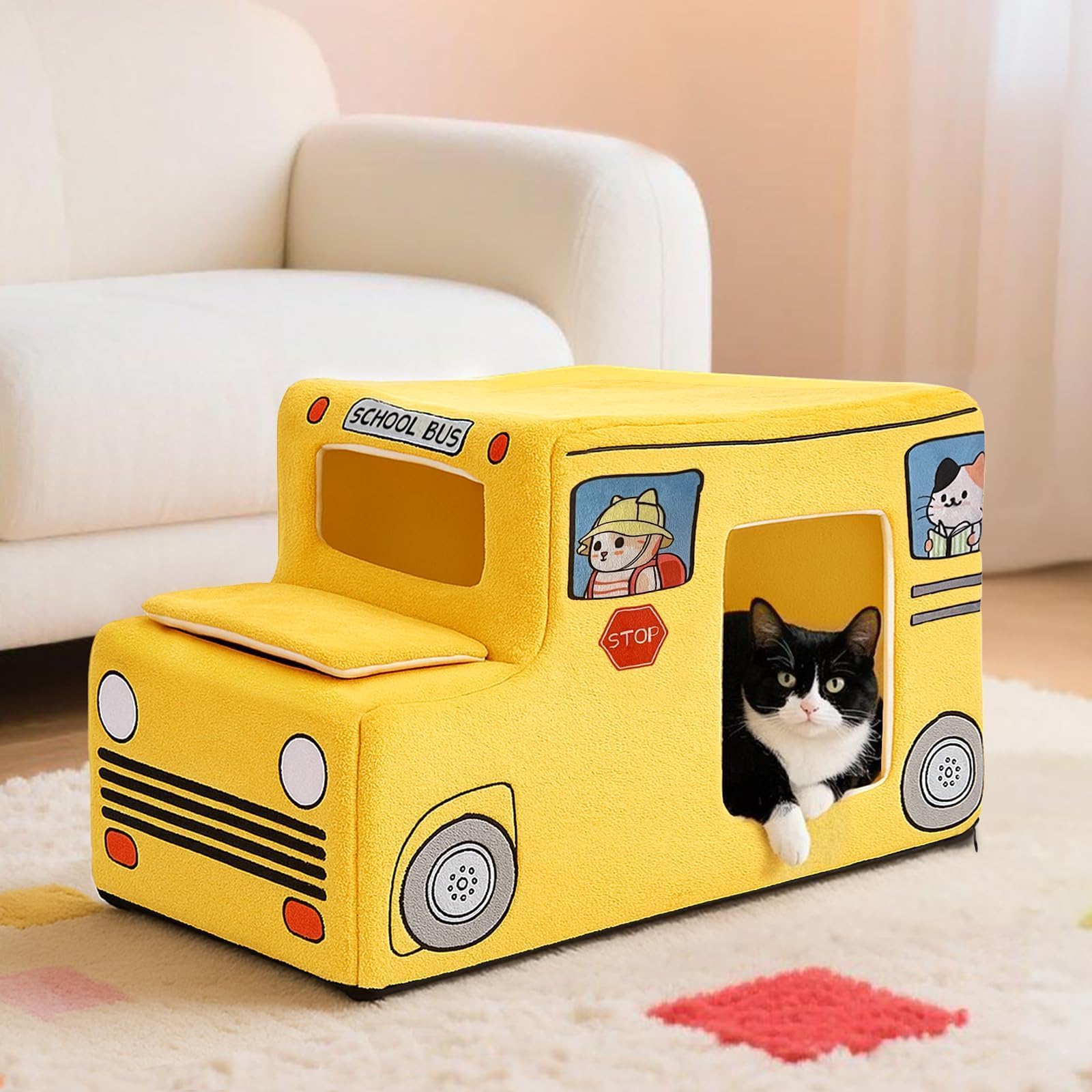 VIEFIN lit-chat bus scolaire coussin coton-polypropylène, douceur premium pour chats.