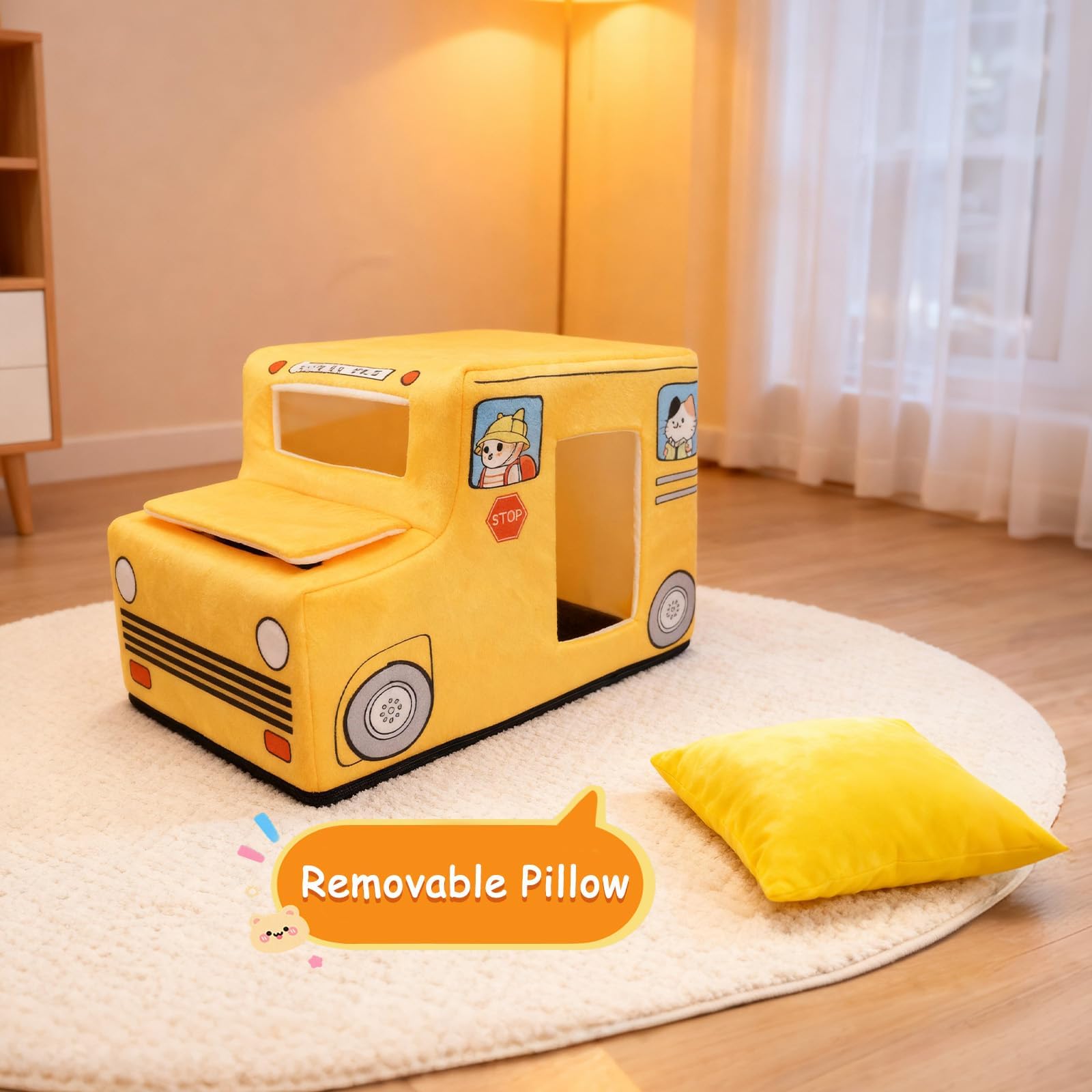 VIEFIN lit-chat bus scolaire intérieur douillet, coussin moelleux et repos garanti.