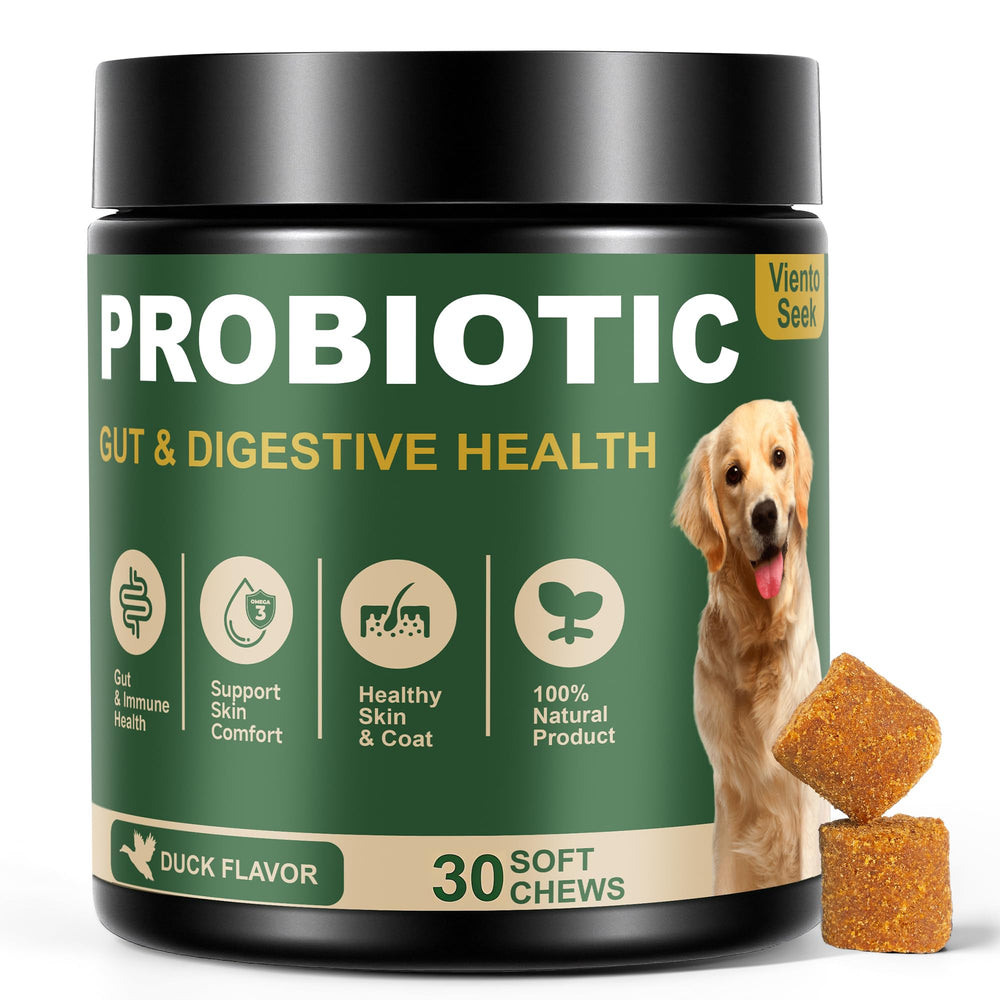 VientoSeek Probiotiques pour chiens – emballage montrant le produit et soutien digestif.