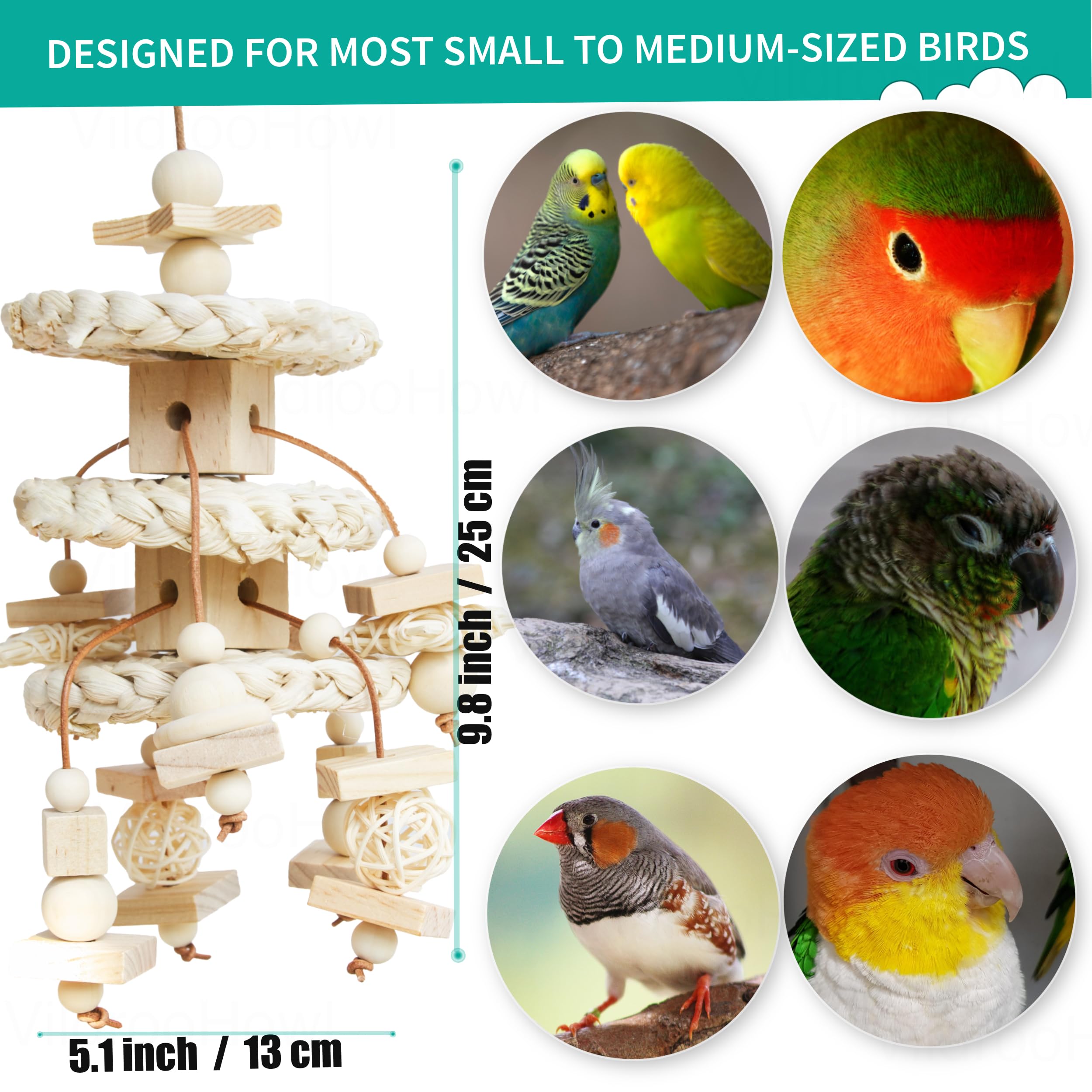 Jouet Vildroohowl avec corde en cuir, sécurité et divertissement pour oiseaux.