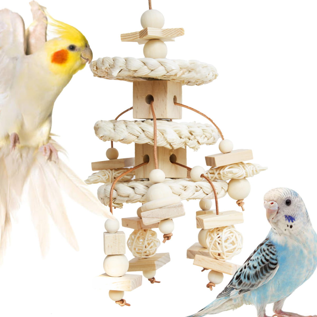 Jouet naturel Vildroohowl en maïs et cuir pour petits oiseaux, stimulations variées.