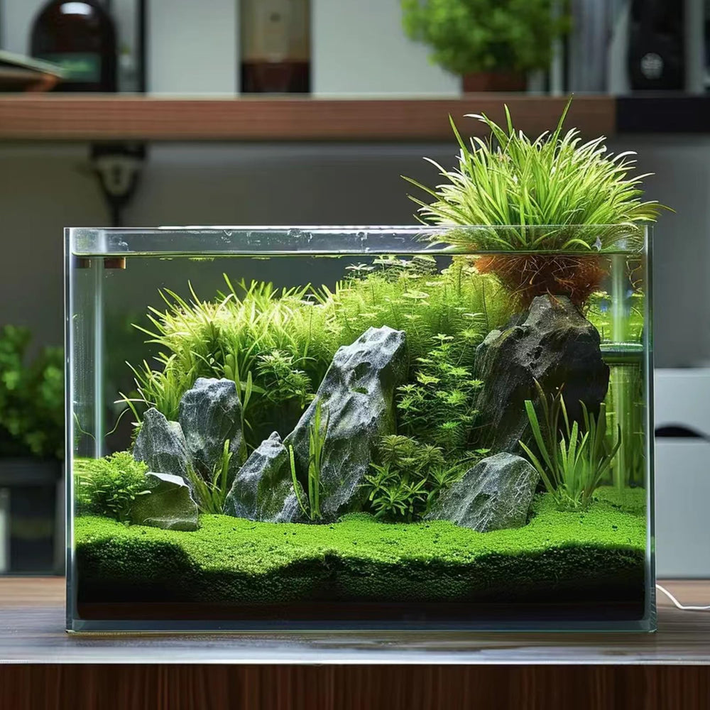 Vimvins aquarium verre 11 litres, vue latérale, décor naturel et compact