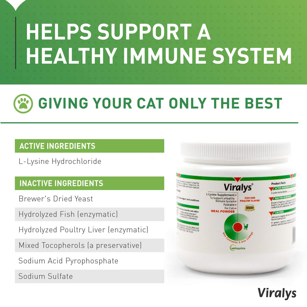 Saveur poisson Viralys, poudre Lysine pour chats, goût agréable.