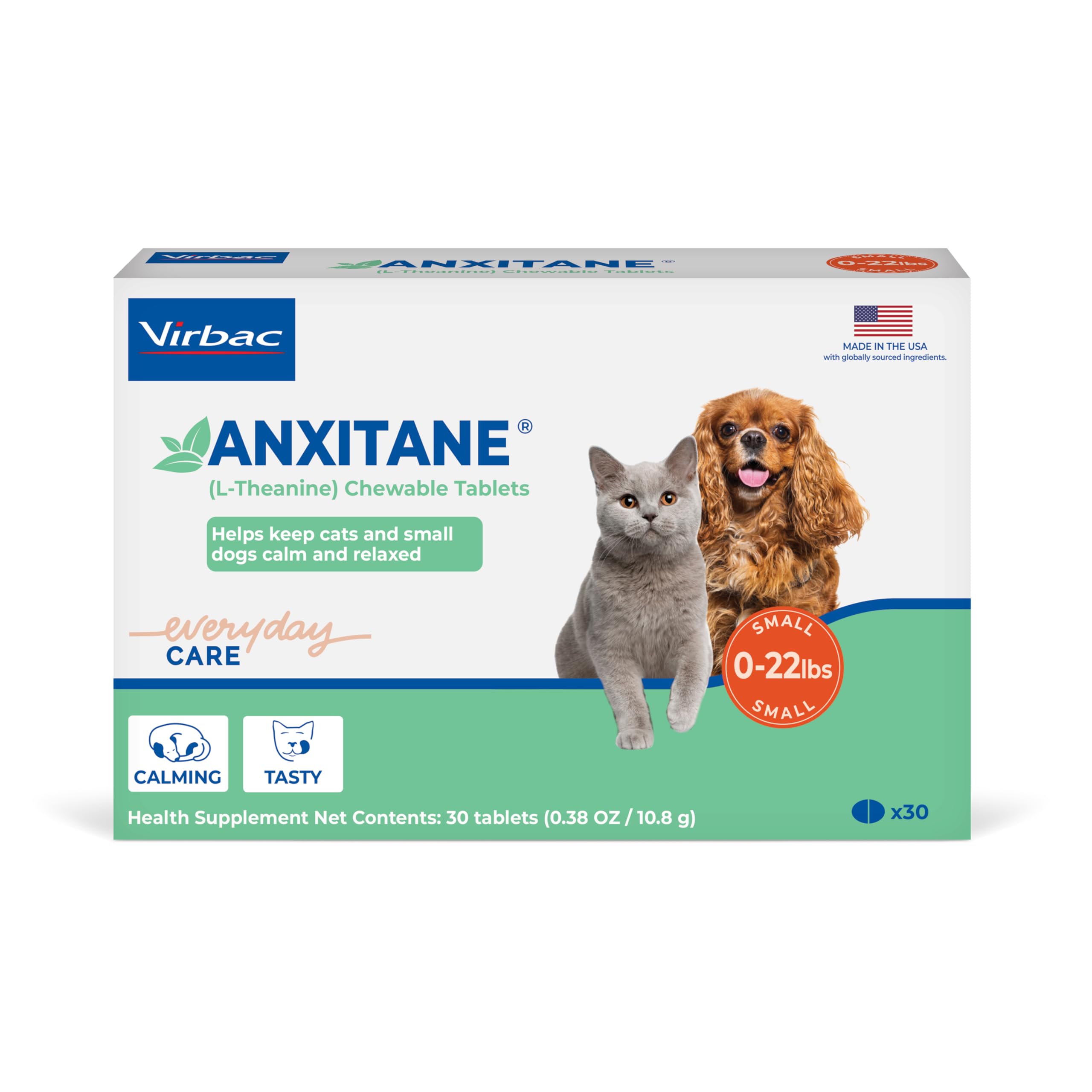 Virbac ANXITANE® flacon avec comprimés à mâcher pour petits chiens et chats.