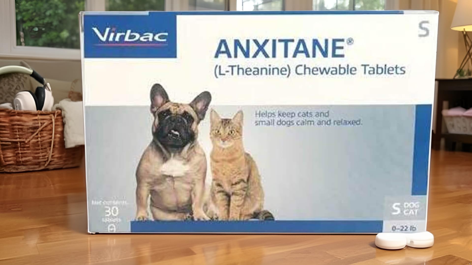 Étiquette Virbac ANXITANE® indiquant L-Theanine et mode d’emploi.