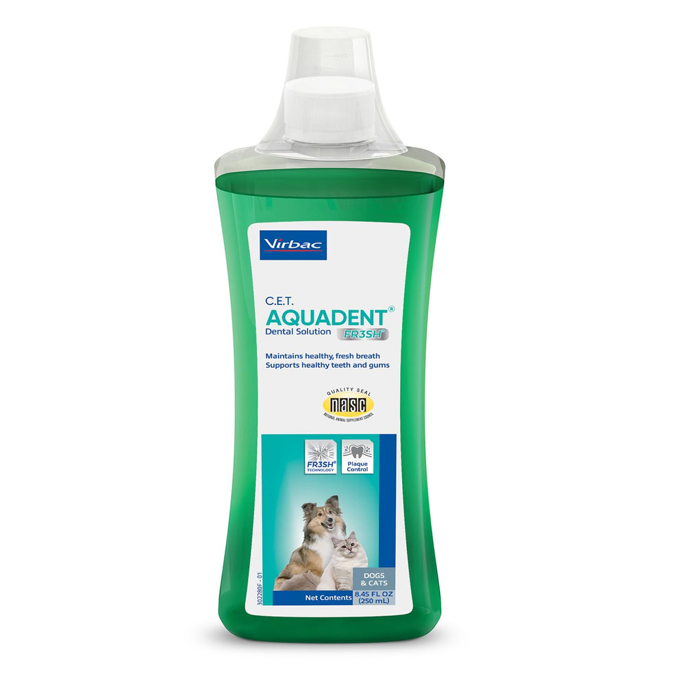 Virbac C.E.T. Aquadent Fr3sh, bouteille prête à l’emploi pour l’hygiène dentaire.