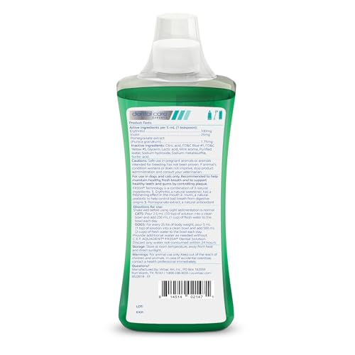 Virbac C.E.T. AQUADENT FR3SH, flacon et récipient montrant l’utilisation facile au quotidien