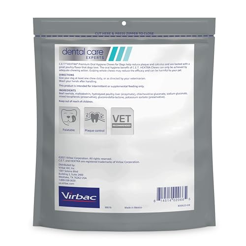 Virbac C.E.T. HEXtra – emballage montrant environ 30 bouchees par sachet.
