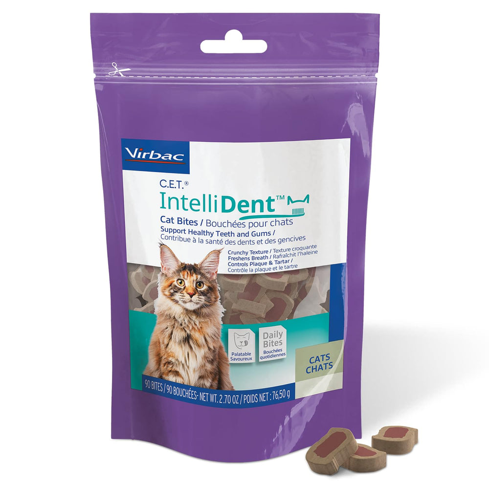 Virbac C.E.T. Intellident Cat Bites emballage pratique pour la routine quotidienne.