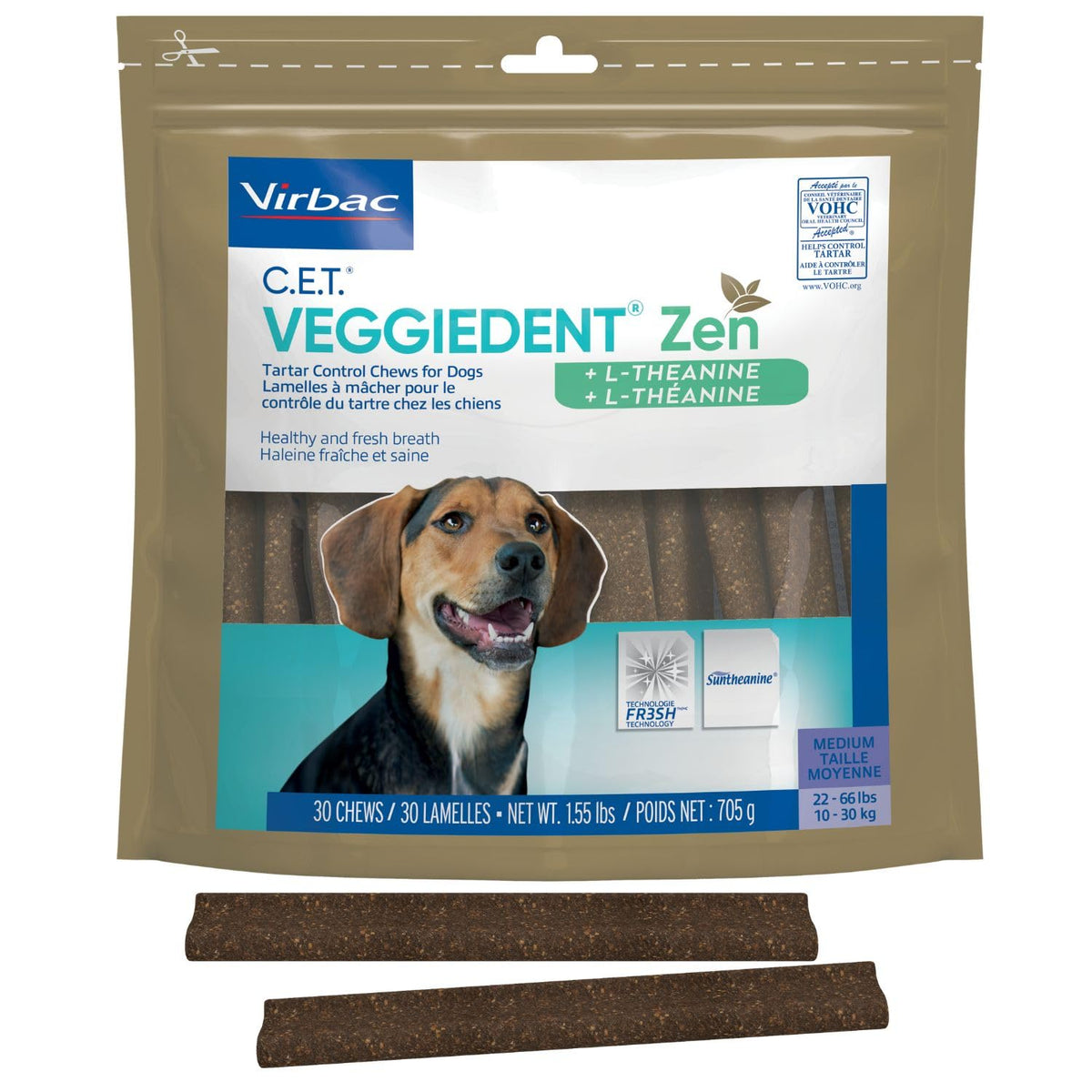 Virbac C.E.T. VeggieDent Zen pack-shot: packaging clair et routine dentaire pratique pour chiens