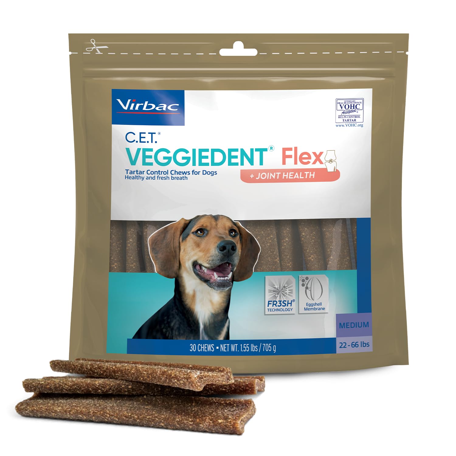 Virbac Veggiedent Flex sans gluten, digestible et adaptée aux chiens sensibles.