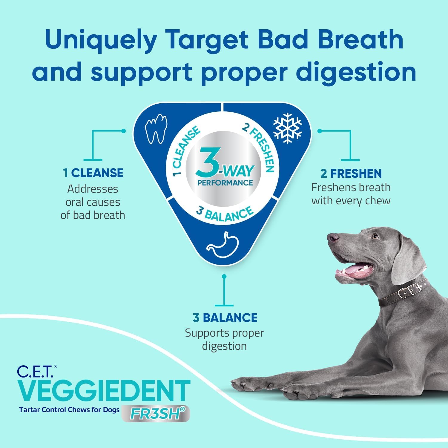 Virbac CET Veggiedent FR3SH, sans gluten et facilement digestible.