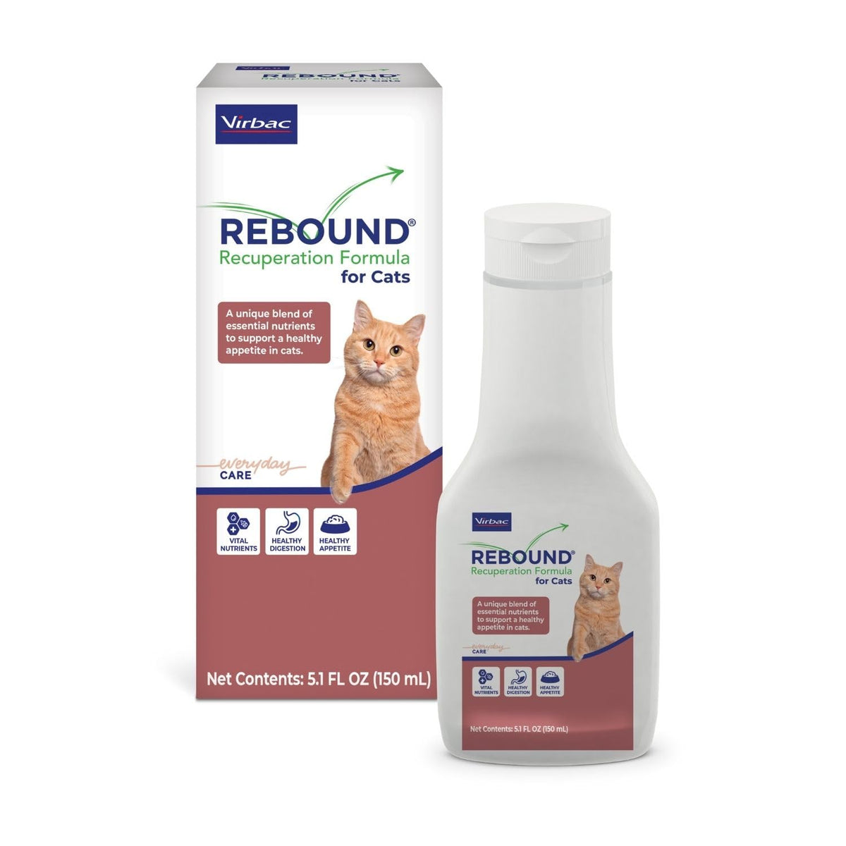 Virbac REBOUND, bouteille pour chat sur table, soutient l'hydratation durant récupération.