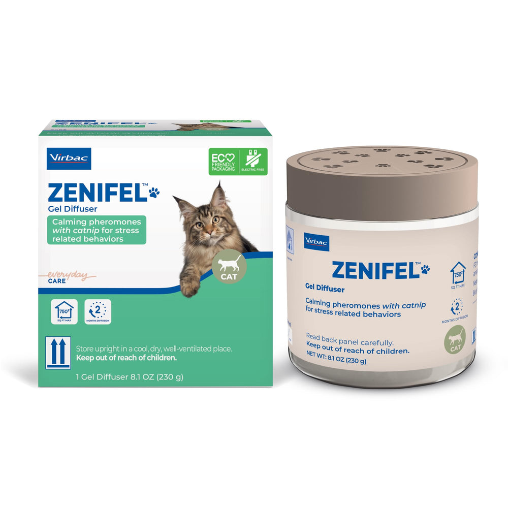 Diffuseur gel Virbac Zenifel sur mur, apaise le chat dans son espace quotidien.