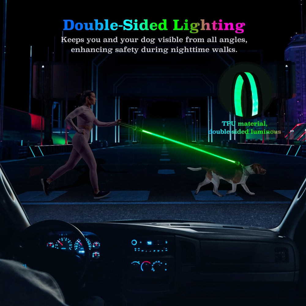Laisse Visinite LED à réflexion double-face pour une visibilité sous tous les angles.