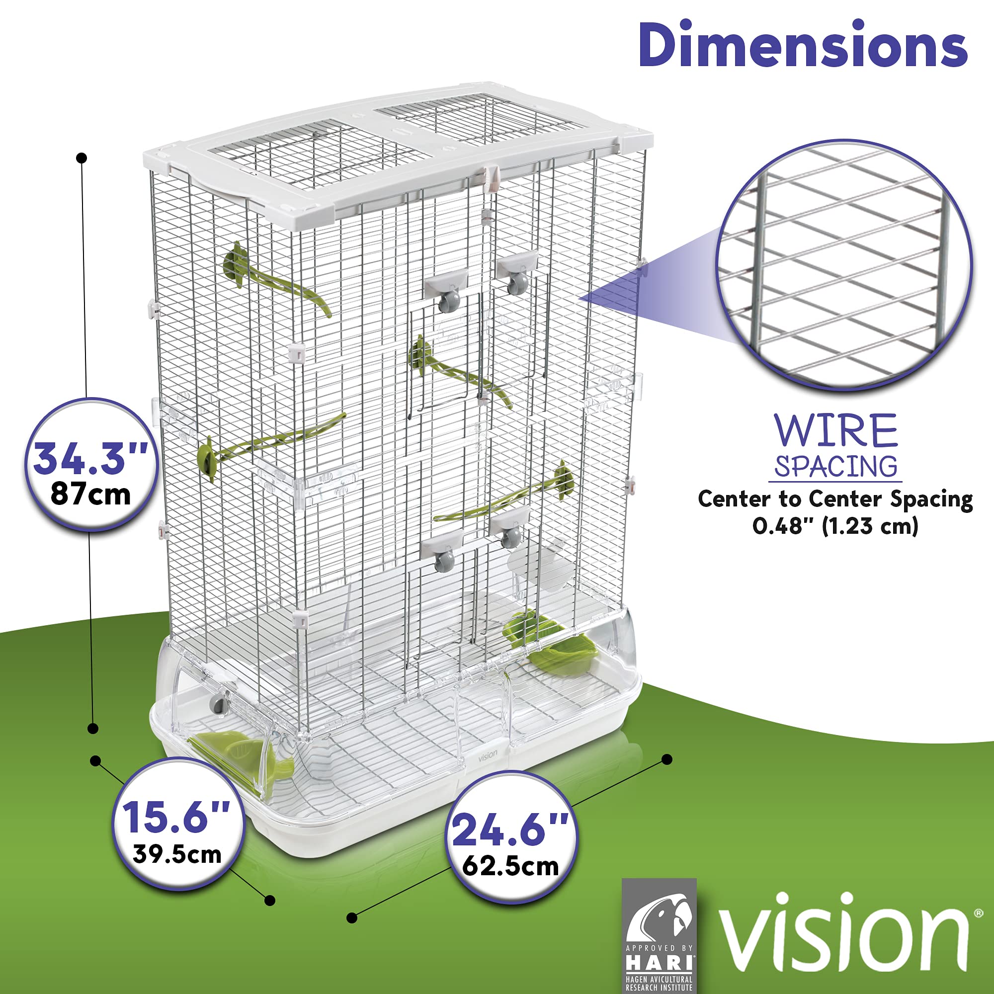 Vision M02 perches vertes multiples favorisant la circulation et le confort des pattes.