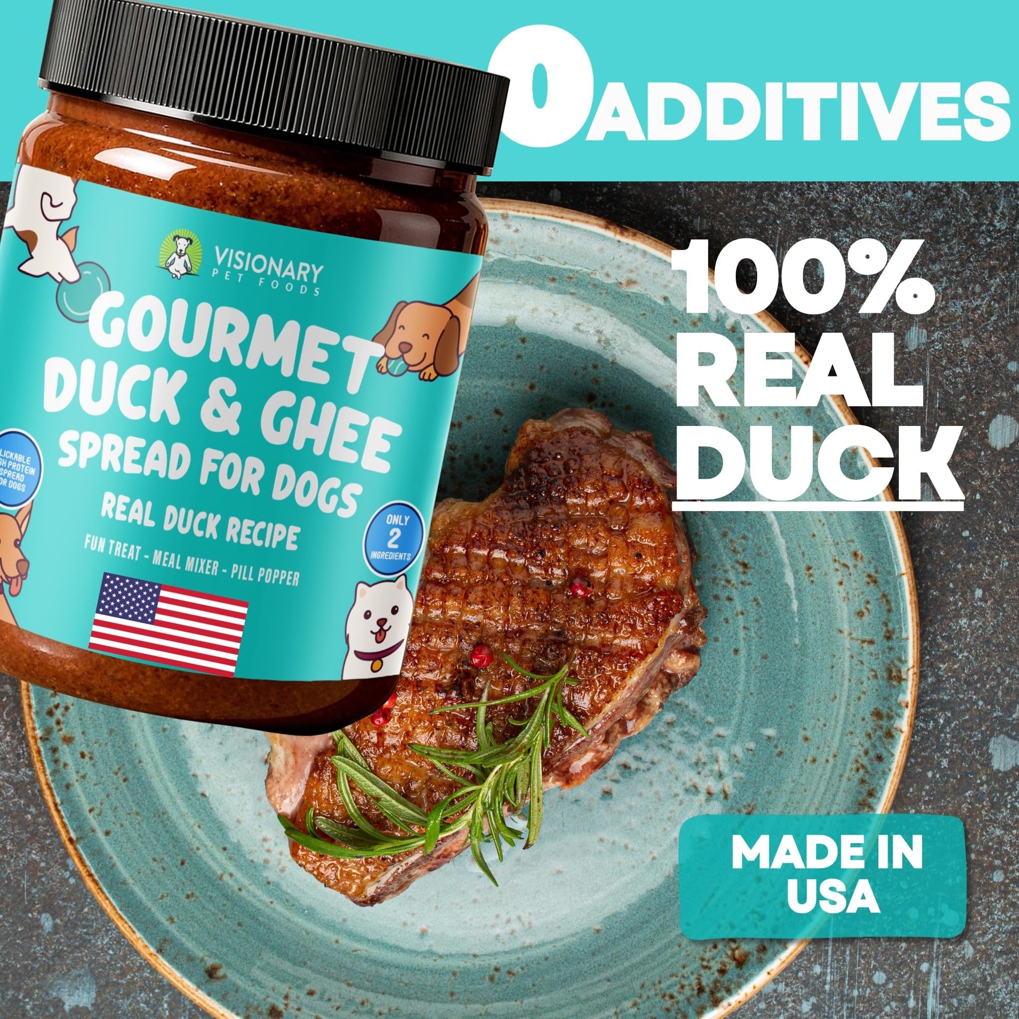 Visionary Pet Foods Pâte Canard et Ghee, ingrédients simples pour un goût riche.