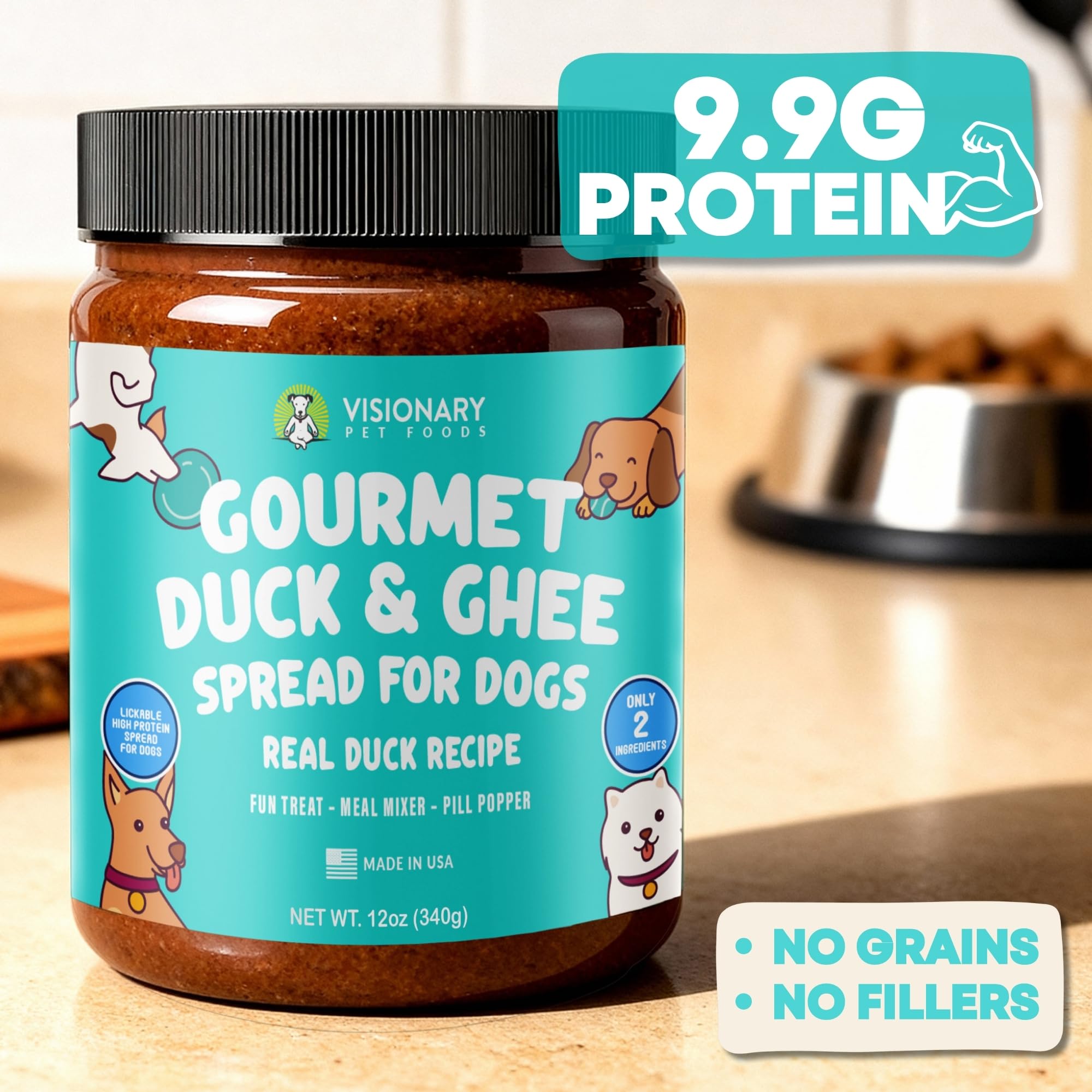 Visionary Pet Foods Pâte de Canard sur tapis de léchage, favorisant le calme et l'enrichissement.
