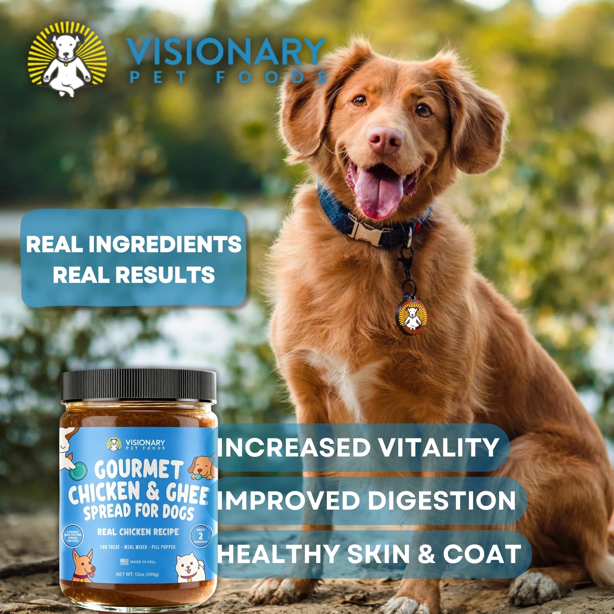 Visionary Pet Foods Tartinade poulet et ghee: texture riche pour enrichir l’alimentation.