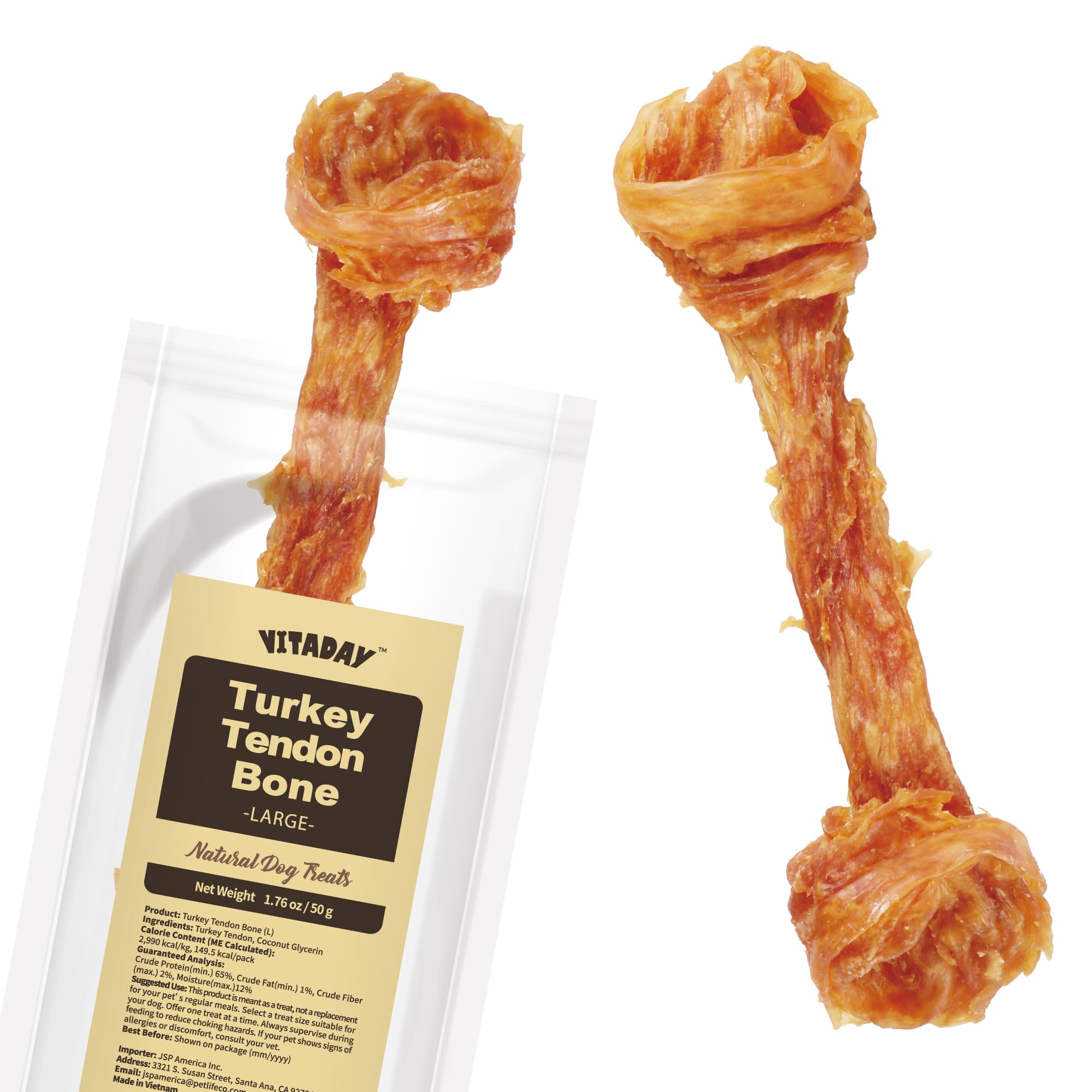 Vitaday tendons de dinde emballage visible, option naturelle pour chiens de grande taille.