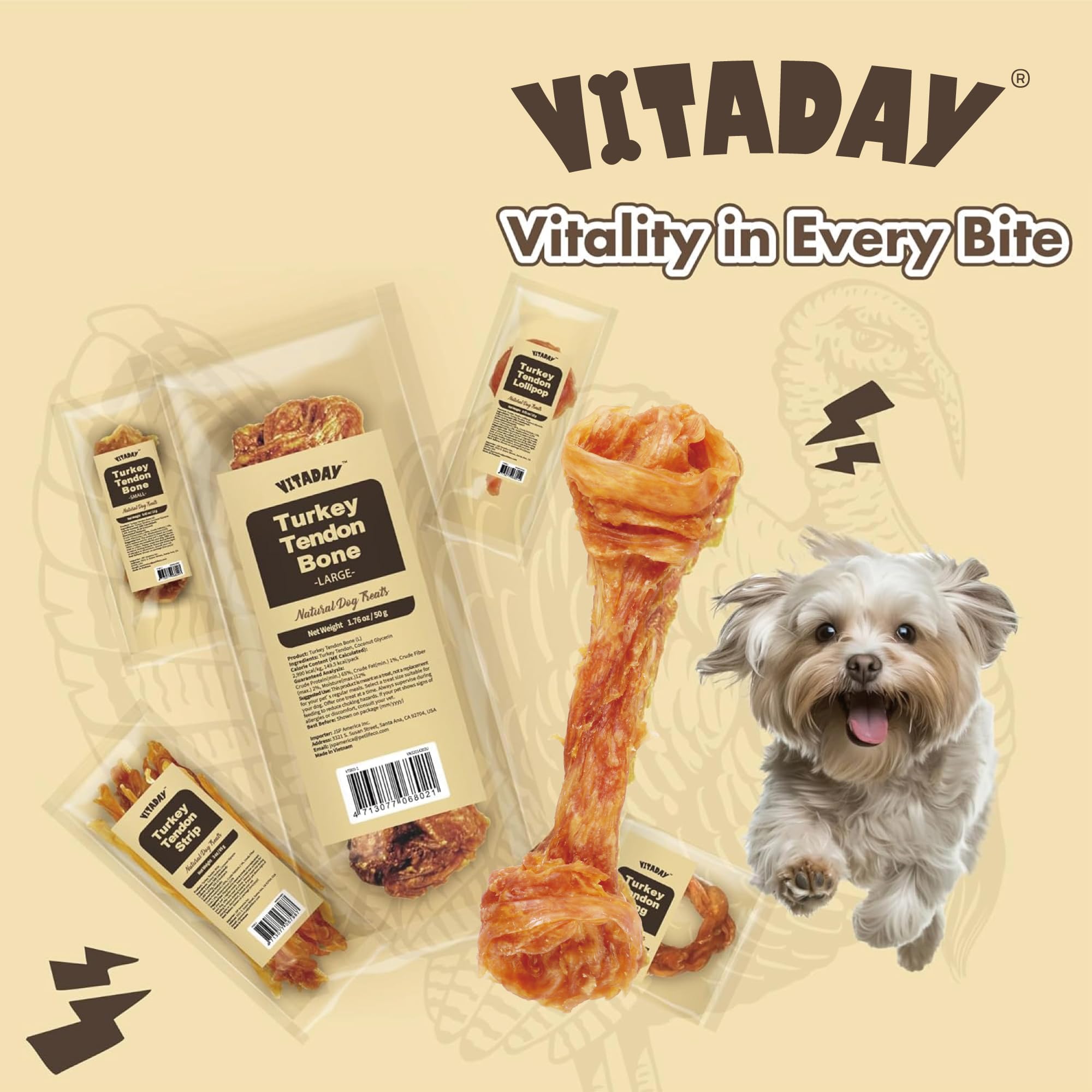 Vitaday tendons de dinde sans céréales, choix hypoallergénique pour estomacs sensibles.