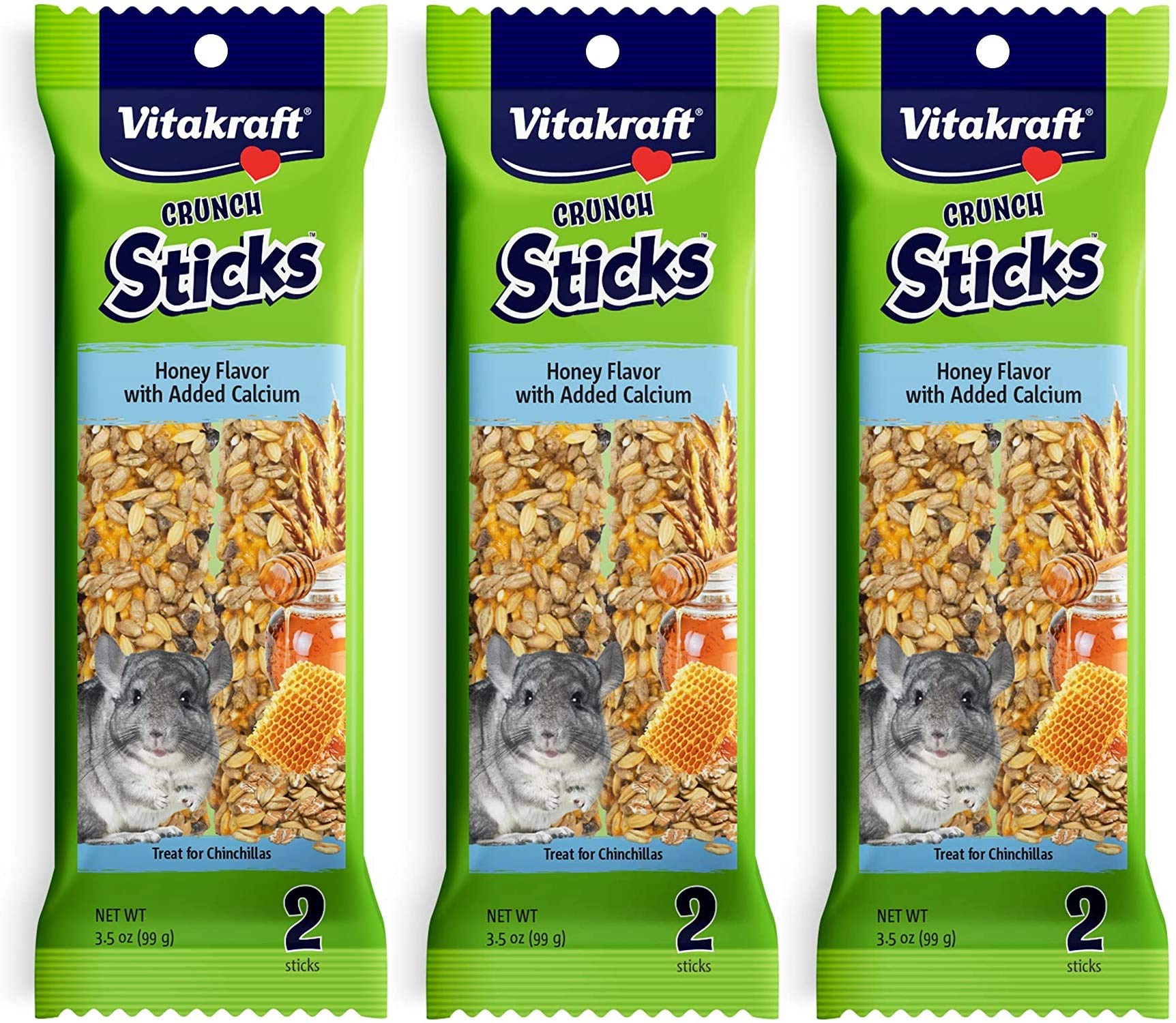 Vitakraft bâtonnets miel calcium chinchilla emballage, friandise croquante pour enrichir l'alimentation.