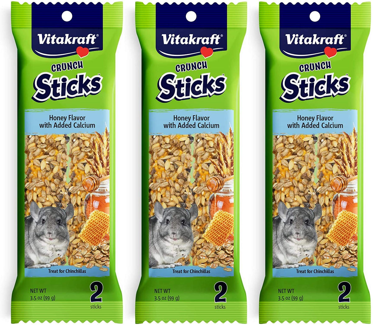 Vitakraft bâtonnets miel calcium chinchilla emballage, friandise croquante pour enrichir l'alimentation.