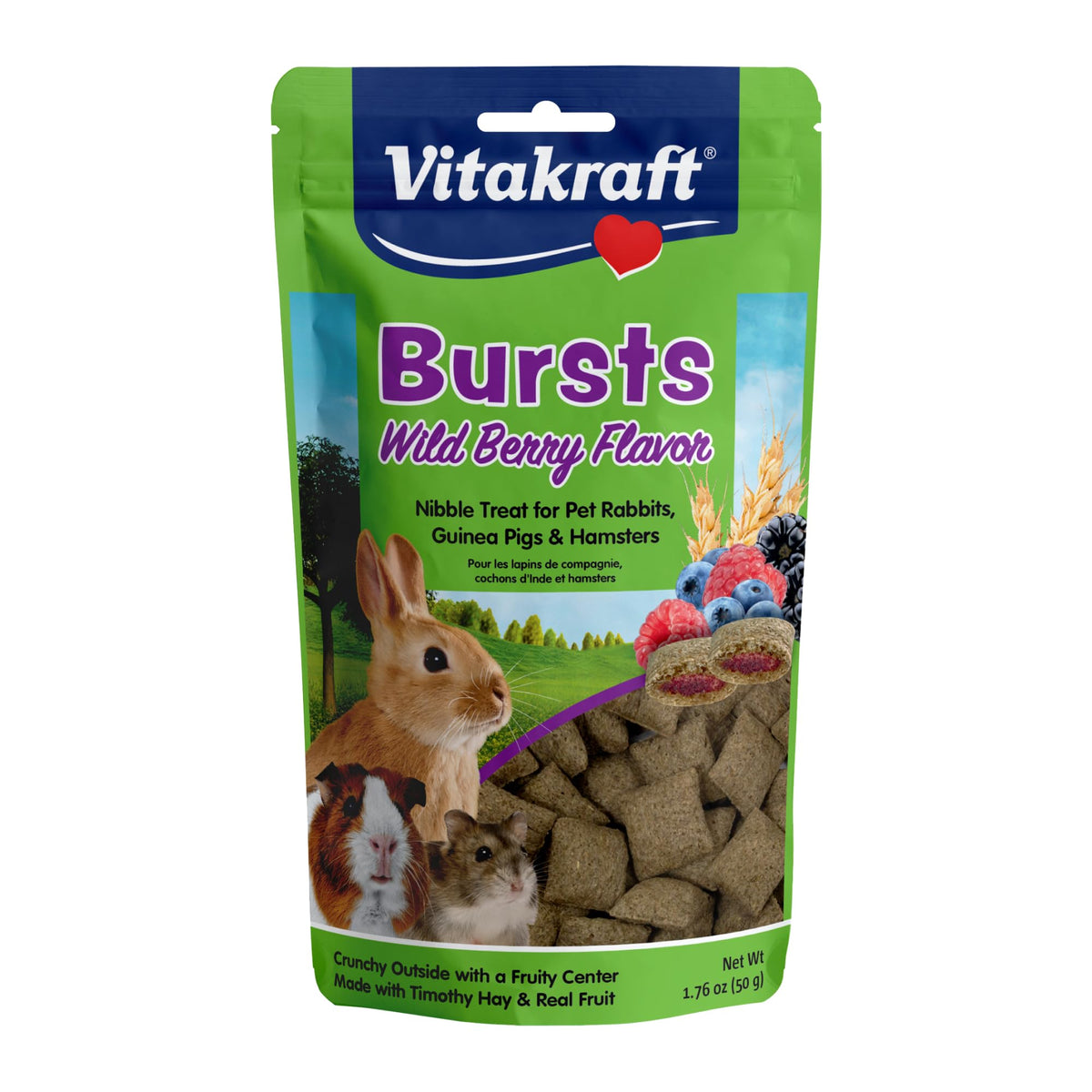 Vitakraft Bursts : coque de foin croustillante stimulant la mastication.