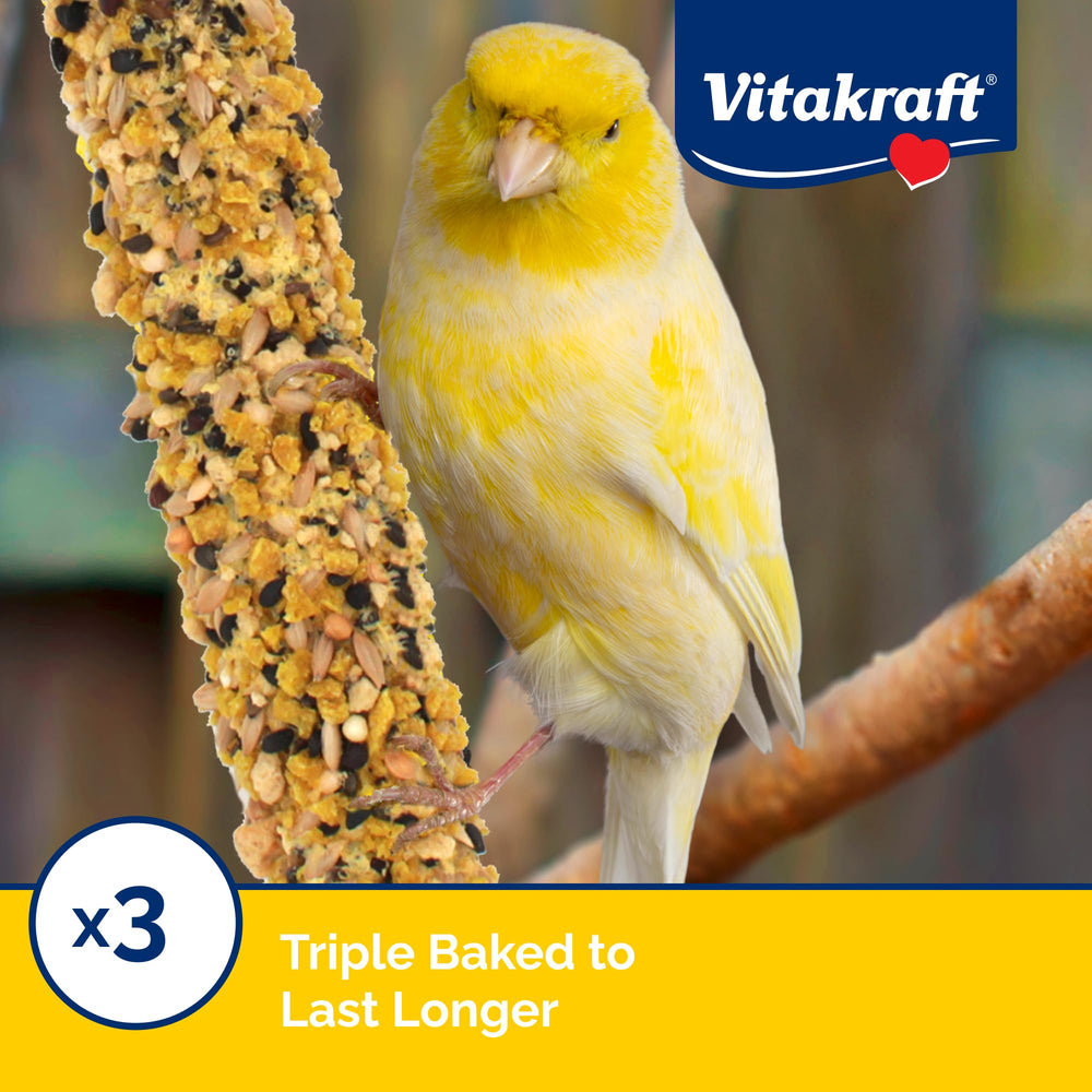 Vitakraft Crunch Sticks – œuf réel et miel, goût apprécié par les oiseaux.